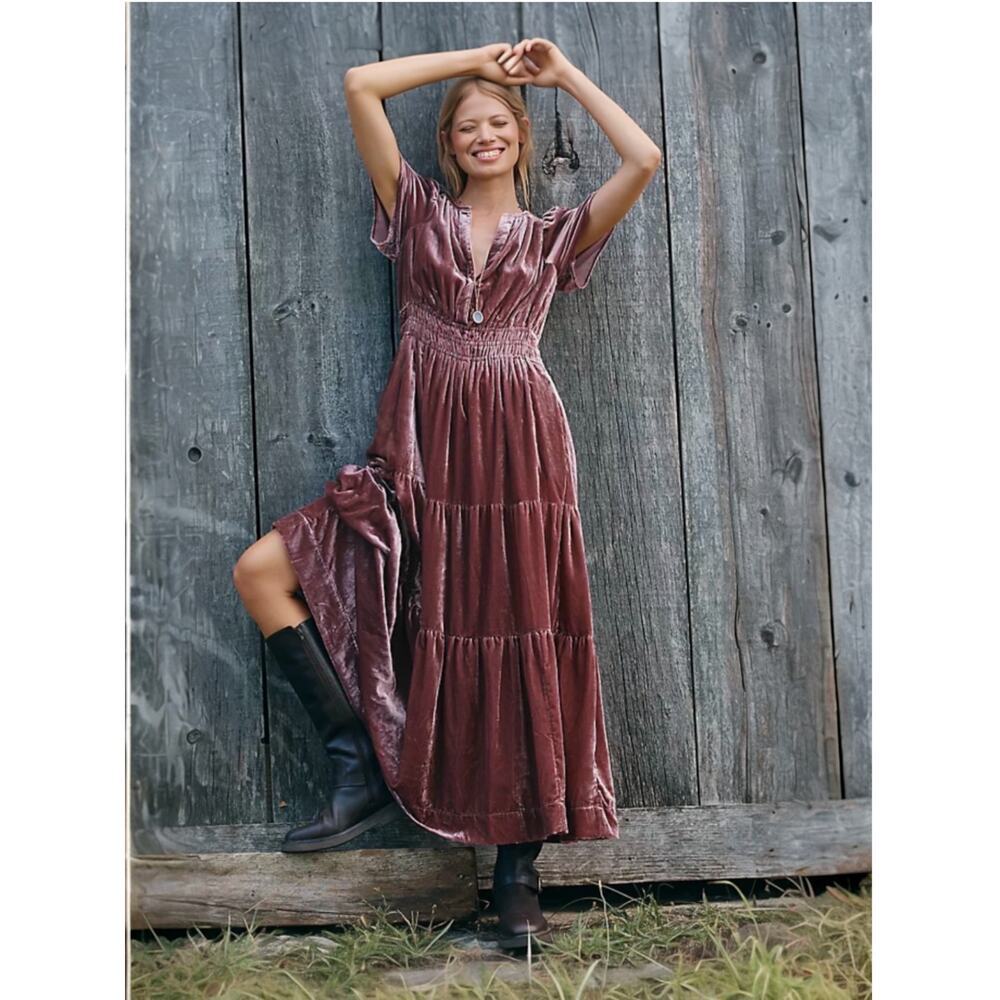 Anthropologie Somerset Velvet Maxi Dress XS Mauve Rose Pink Smocked Boho NWT